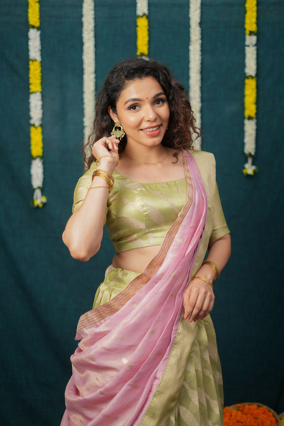Aalaya Green with Pink Banarasi Half Saree