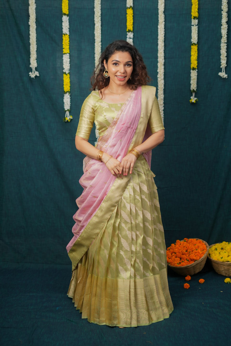 Aalaya Green with Pink Banarasi Half Saree