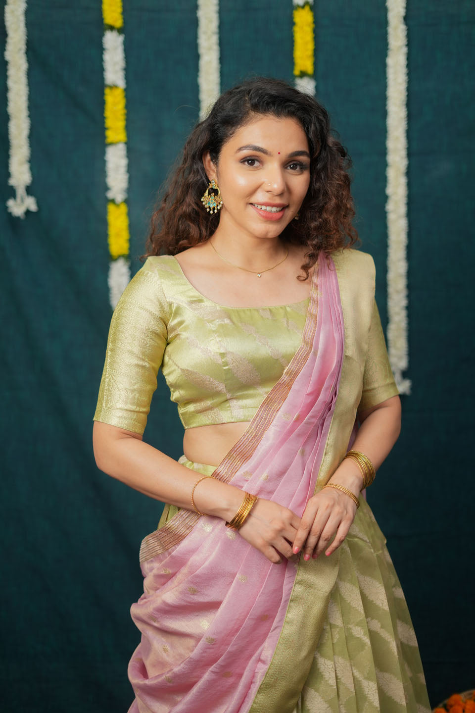 Aalaya Green with Pink Banarasi Half Saree